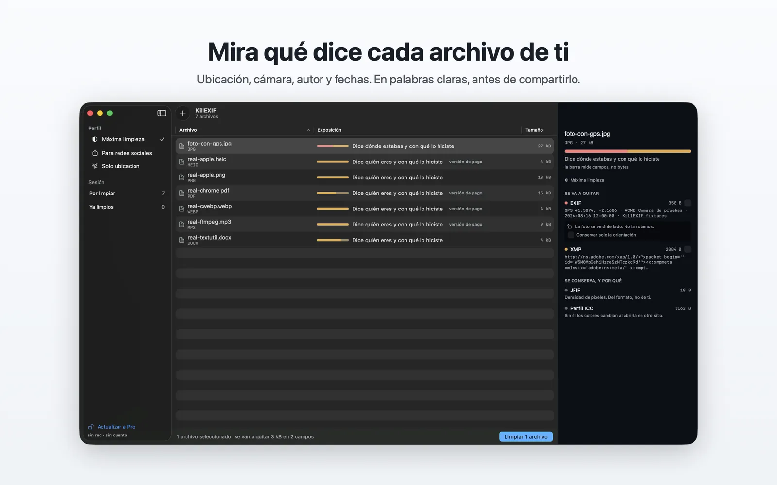 La ventana de KillEXIF con una lista de archivos, cada uno con una barra que mide lo que revela, y a la derecha el detalle de lo que se va a quitar.