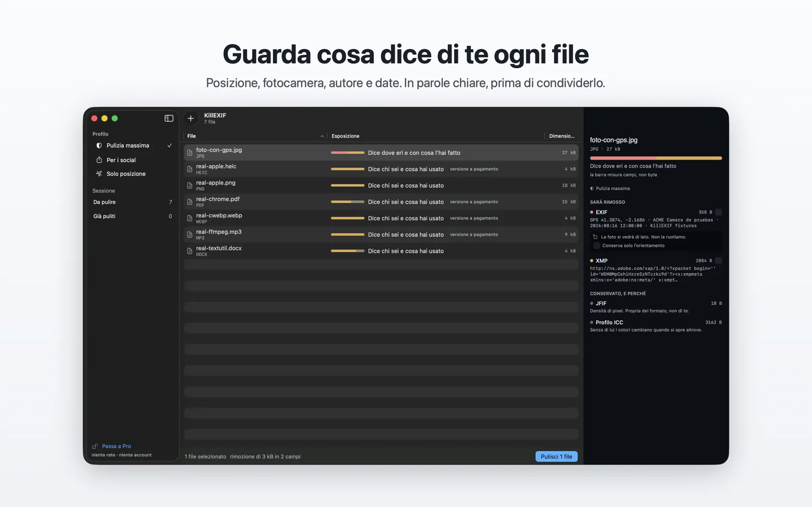 La finestra di KillEXIF con un elenco di file, ciascuno con una barra che misura ciò che rivela, e a destra il dettaglio di ciò che verrà rimosso.