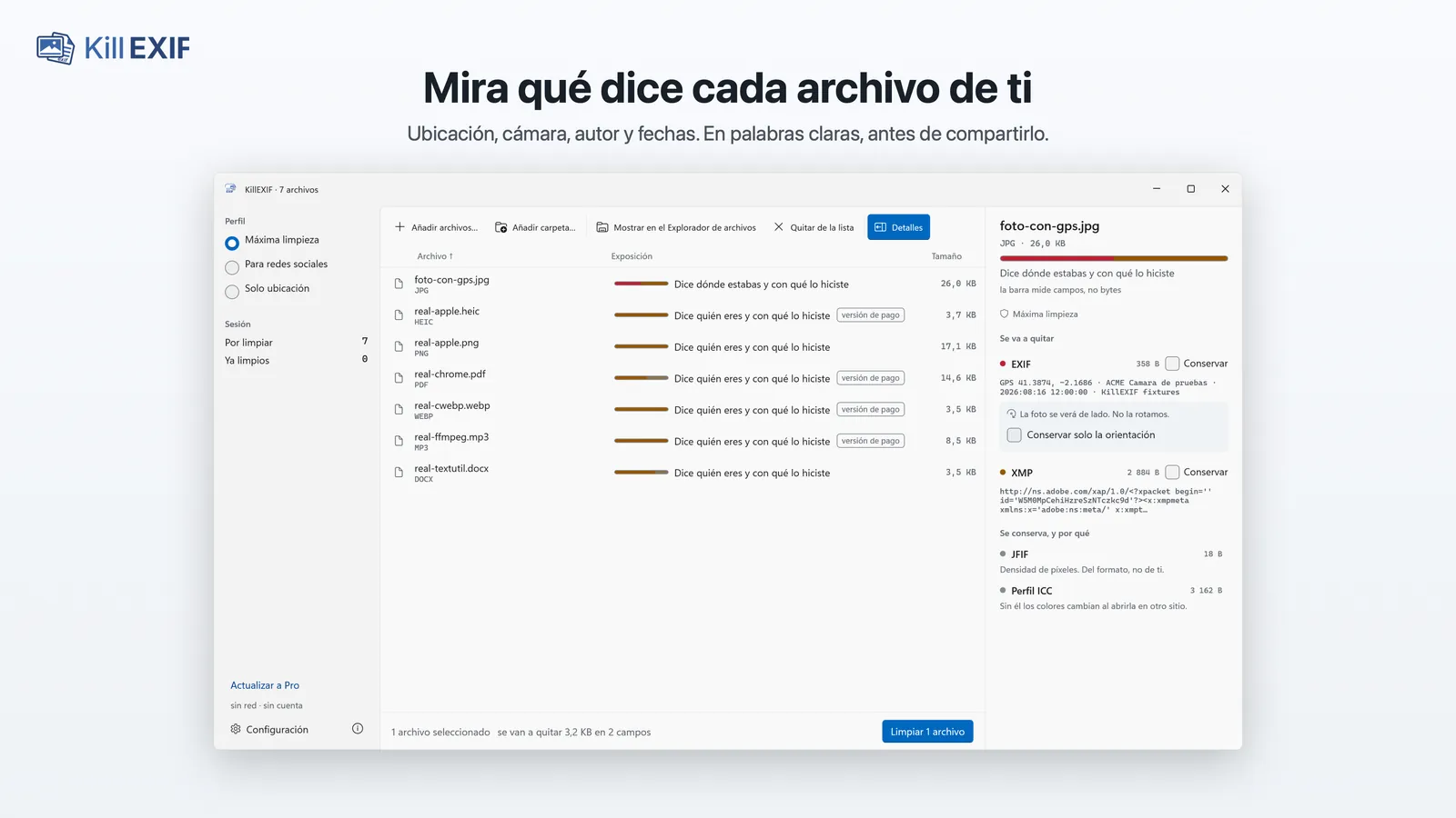 La ventana de KillEXIF en Windows con siete archivos de formatos distintos, cada uno con una barra que mide lo que revela, y a la derecha el detalle de lo que se va a quitar de una foto con GPS.