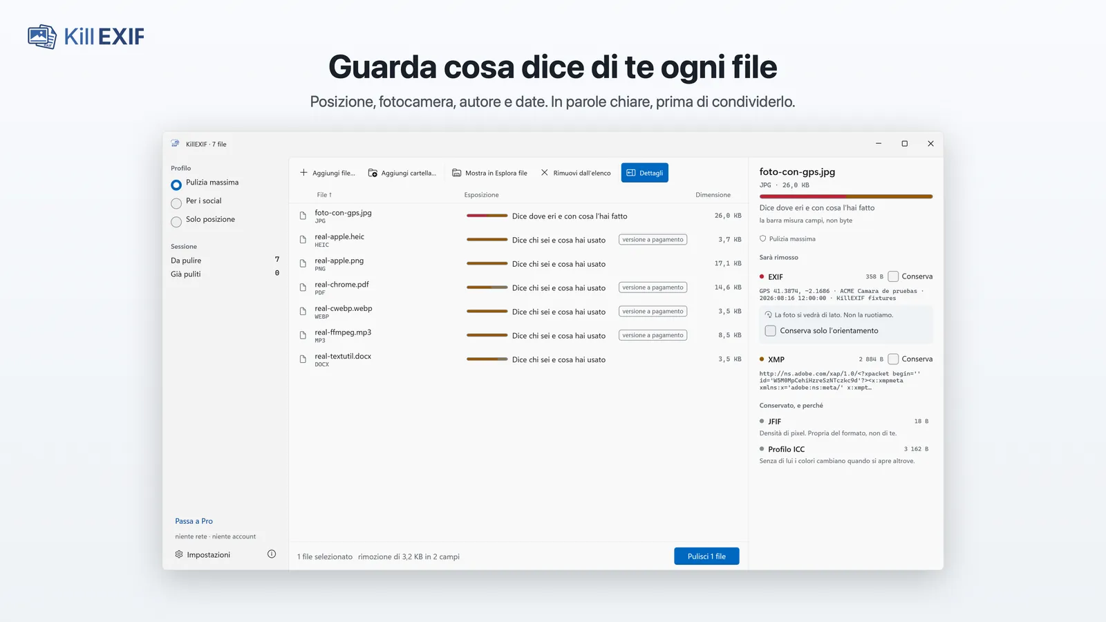 La finestra di KillEXIF su Windows con sette file di formati diversi, ciascuno con una barra che misura ciò che rivela, e a destra il dettaglio di ciò che verrà rimosso da una foto con GPS.